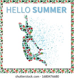 Bright girl`s silhouette with berries. Jumping up. Text Hello Summer.