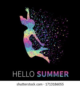Bright girl`s silhouette on black background. Rainbow colorful drops. Text Hello Summer.