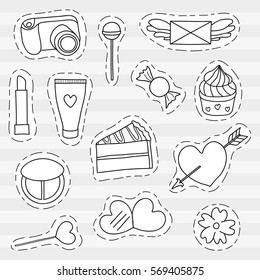 Bright girly fashion stickers, badges, pins isolated on grey background. Pop art patches for design.