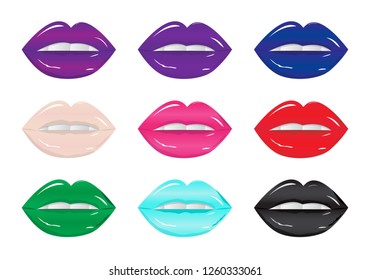 Bright glamorous glossy lips  different colors. Sweet sexy pop art. Shining gloss lipstick, white teeth. Vector illustration of sexy woman's lips with different matte lipstick tones. 