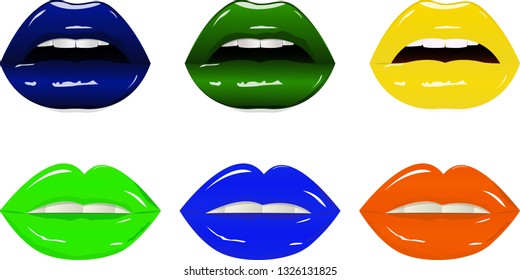 Bright glamorous glossy lips with different colors. Sweet sexy pop art. Shining wet lipstick, white teeth. Vector illustration set of sexy women lips with different lipstick tones