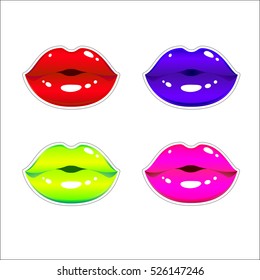Bright glamorous lips icons, isolated vector illustration, female glossy lips different colors. Useful for design logo, website,wrapping paper, wrap box, textile, cover, sticker, poster summer party
