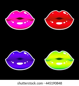 Bright glamorous stickers. Female lips, painted in different colors lipstick, lush and glossy on black background. Vector illustration.