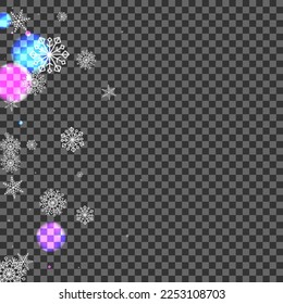 Bright Glare Background Transparent Vector. Bokeh Sparkle Design. Purple Cold. Blue Flakes Pattern. Light Illustration.