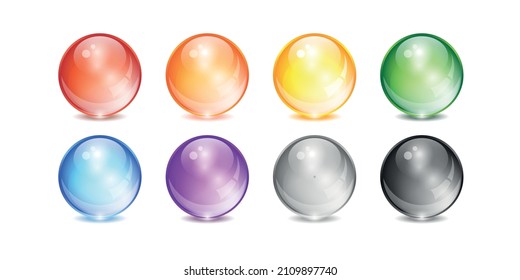 Bright glass balls of different colors with highlights and reflections. Vector stock illustration