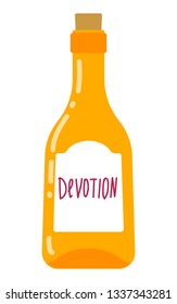 Bright glass bottle with elixir. A magic potion that gives devotion. Vector illustration for sticker, poster, blog or book cover.