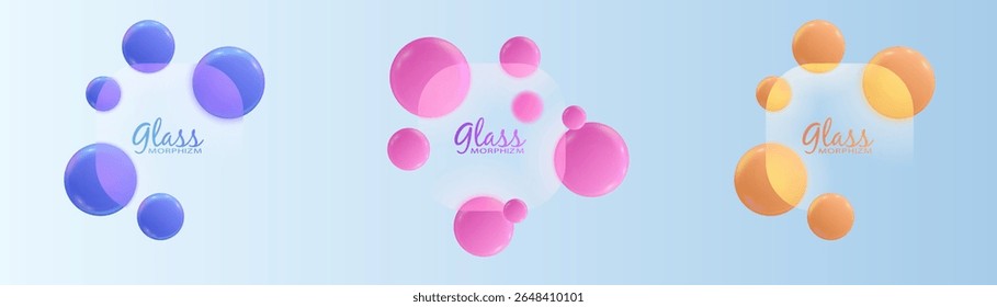 Burbujas de morfismo de vidrio brillante en paletas de colores rosa, melocotón y azul. Esferas transparentes brillantes para el diseño de interfaz de usuario, Plantillas modernas, maquetas App y visuales futuristas minimalistas.


