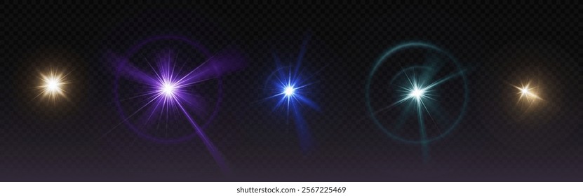 Bright glints set isolated on transparent background. Vector realistic illustration of neon blue, purple, yellow light flares, glowing glare in darkness, magic flash, glimmer of hope, headlight shine