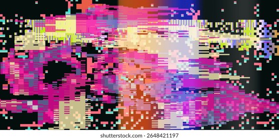 Bright glitch-art vector illustration, embracing digital abstract trend. Filled with hot pink, yellow, purple, and blue pixel blocks and rectangles, it bursts with erratic, energetic visual noise.