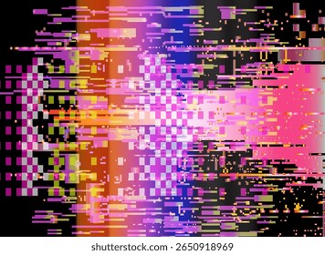 Bright glitch-art vector illustration, embracing digital abstract trend. Filled with hot pink, yellow, purple, and blue pixel blocks and rectangles, it bursts with erratic, energetic visual noise.