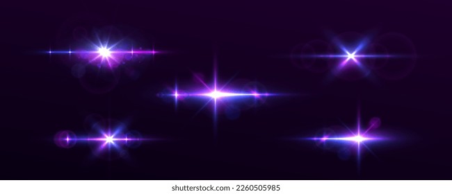 Bright glitter glare bokeh. Set of transparent light streak and lens flares. Neon flare. Purple lights star, sun rays, violet sparks sparkle. Blue glow star burst flare explosion light effect. Vector	