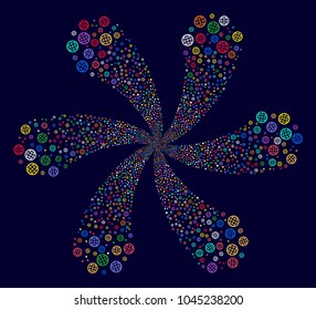 Bright Globe cyclonic fireworks on a dark background. Impressive centrifugal explosion designed from random globe objects.