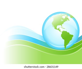 A bright globe of the Earth is rolling on a blue and green wave of energy.