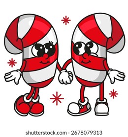 Mascote brilhante brilhante da cana de doces com sombras e destaques. Xmas festivo e Ano Novo design vetorial para marca de férias e decorações de festa