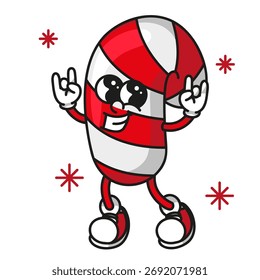 Mascote brilhante brilhante da cana de doces com sombras e destaques. Xmas festivo e Ano Novo design vetorial para marca de férias e decorações de festa