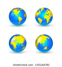 Bright glossy Earth globes icons from different sides isolated on white background
