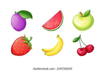 Bright glossy fruit and berries icons set. Apple, strawberry, banana, cherry, strawberry, plum. Mobile came ui, or app interface, casino slot machine design elements vector illustration