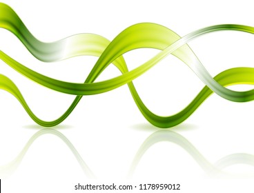 Bright glossy green waves on white background with reflection. Vector design