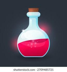 Una botella de poción mágica brillante y brillante llena de líquido rojo brillante. Perfecto para activos de juego, iconos de interfaz de usuario y temas mágicos