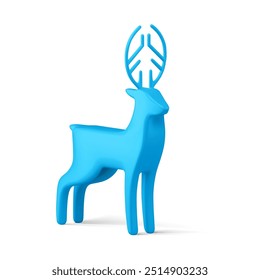 Bright glossy minimalist horned blue deer bauble Christmas toy isometric realistic 3d template vector illustration. Beautiful stylish wild forest Nordic animal with amazing horns Xmas decor isolated