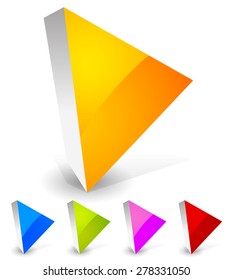 Bright and glossy play button icons in 3d. Orange, blue, green, purple and red colors.