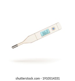 Bright glossy realistic medical thermometer with fever temperature of ill human isolated on white background
