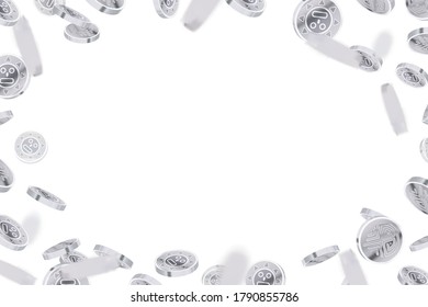 A lot of bright glossy silver ancient coins, silver rain on white, template with text place