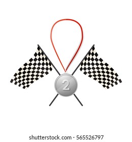 Bright glossy silver medal for second place with flags, isolated on white