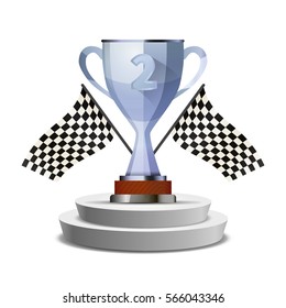 Bright glossy winner cup for second place on pedestal with flags, isolated on white