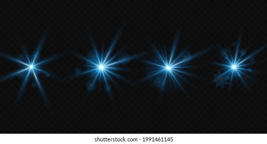 Bright glow effect of blue stars.Vector illustration of a blue color. Set of light effects. Flashes and glares. Bright rays of light. Glowing lines. Vector illustration. 