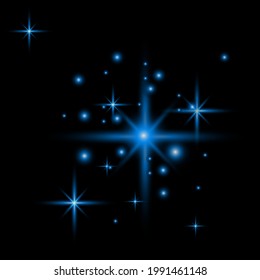 Bright glow effect of blue stars.Vector illustration of a blue color. Set of light effects. Flashes and glares. Bright rays of light. Glowing lines. Vector illustration. 