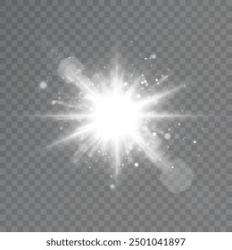 Bright glow effect of glare and sparkles. Bright sun with rays and glare. Vector light effect overlay isolated on transparent background