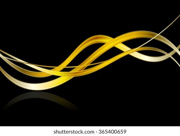 Bright glow golden waves on black background. Vector graphic design