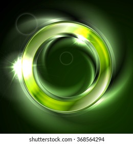 Bright glow green iridescent round logo vector design. Glowing effect and lens flare sparks on neon ring