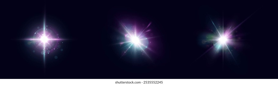 Bright glow of light lens reflection. Futuristic glow effect for game interface design. Bright purple-blue light effects set.