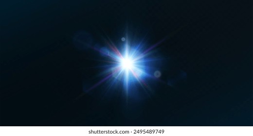 Helles Leuchten auf transparentem Hintergrund. Blau leuchtende Funken leuchtende Vektorillustration. Lichtblitz mit Strahlen im Raum. Sonnenlicht funkelt mit Strahlen und Blendung.