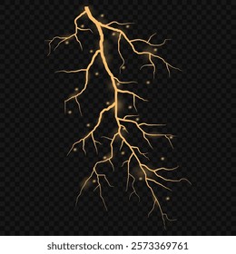 Bright glow of lightning. Realistic effect of bright electric discharge of blue lightning. Yellow lightning effect with sparks on black background. Effect style yellow lightning background. Vector