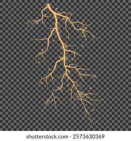 Bright glow of lightning. Realistic effect of bright electric discharge of blue lightning. Yellow lightning effect with sparks on black background. Effect style yellow lightning background. Vector