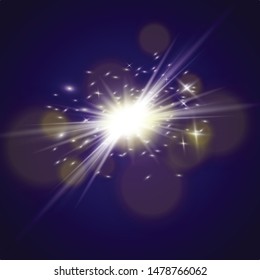 
Bright glow on a blue background. Bokeh effect. Explosion of stars, sparks, glow. Vector graphics.