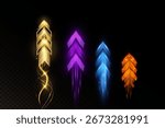Bright glowing arrows set isolated on dark background, neon shiny arrow symbols in gold, purple, blue, orange colors, futuristic speed motion design elements for technology and decoration.