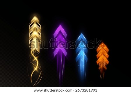 Bright glowing arrows set isolated on dark background, neon shiny arrow symbols in gold, purple, blue, orange colors, futuristic speed motion design elements for technology and decoration.