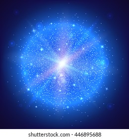 Bright glowing ball filled with particles and dust with shine and glow. The specks of light flying from the explosion