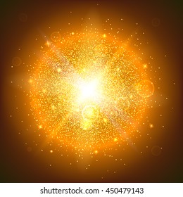 Bola brillante llena de partículas y polvo con brillo y resplandor. Las motas de luz volando de la explosión