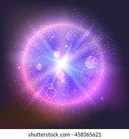 Bright glowing ball filled with particles and dust with shine and glow. The specks of light flying from the explosion