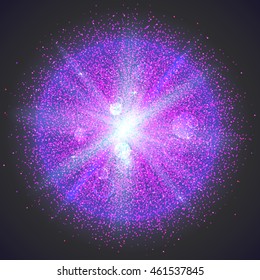 Bright glowing ball filled with particles and dust with shine and glow. The specks of light flying from the explosion