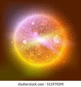 Bright glowing ball filled with particles and dust with shine and glow. The specks of light flying from the explosion