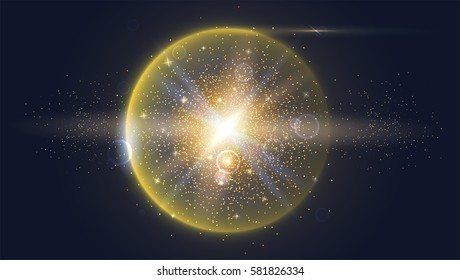 Bright glowing ball filled with particles and dust with shine and glow. The specks of light flying from the explosion