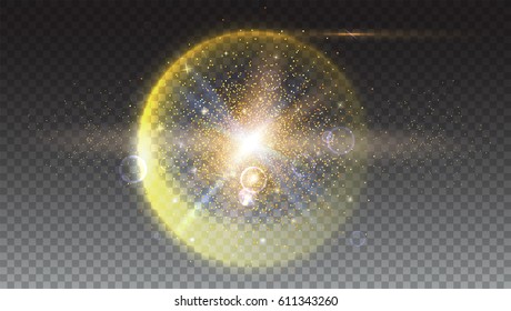 Bright glowing ball filled with particles and dust with shine and glow. The specks of light flying from the explosion