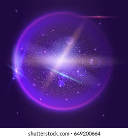 Bright glowing ball filled with particles and dust with shine and glow. The specks of light flying from the explosion. Dynamic digital, technology backdrop for breaking news or cover.