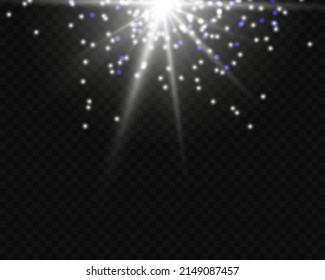 Rayo luminoso brillante luminoso de ráfaga de luz, estrella, resplandor, polvo y brillo sobre un fondo transparente. La decoración es luminosa y tiene un efecto luminoso con los destellos de rayas.